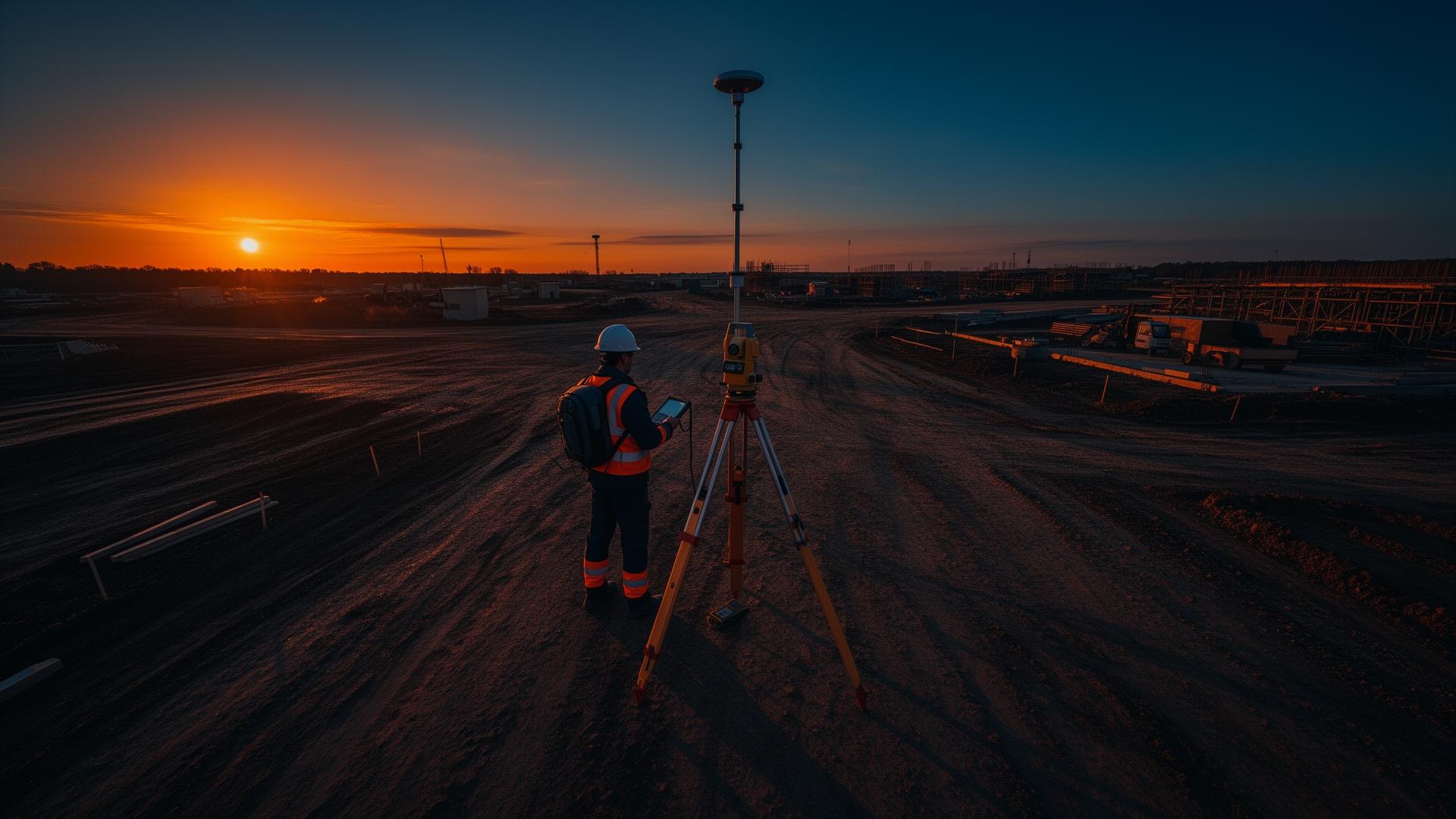 Topógrafo profesional con equipo RTK al atardecer